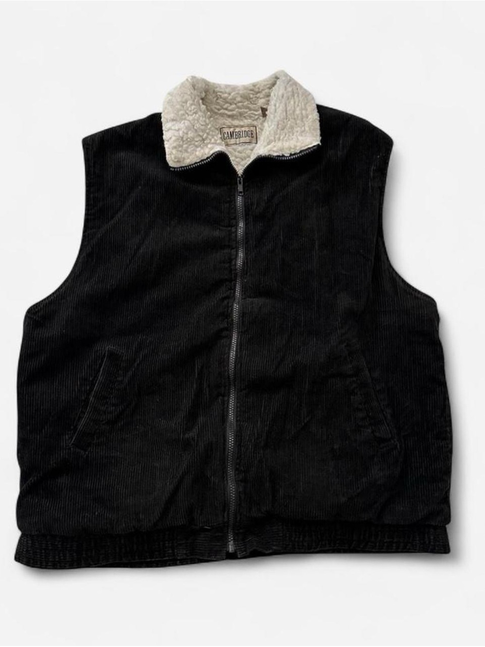 Vintage Men's Black Corduroy Sherpa-Lined Vest large